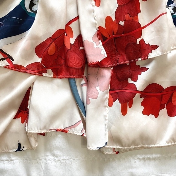 LOBO ROSA BOLERO KIMONO SATIN BIRD PRINT TIERED RUFFLE SHORT MAXI DRESS - S - Picture 9 of 11